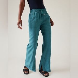 Athleta Retreat Wide Leg Linen Pants Size 14 Borealis Blue Straight Leg Resort
